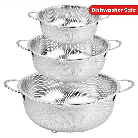 Paslanmaz Çelik Kulplu Çok Amaçlı Makarna Un Meyve Sebze 3'lü Süzgeç 25 22 19 Cm