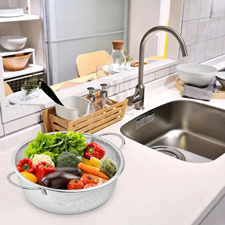 Paslanmaz Çelik Kulplu Çok Amaçlı Makarna Un Meyve Sebze 3'lü Süzgeç 25 22 19 Cm