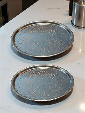 Paslanmaz Çelik Delikli Pizza Fırın Tepsisi Lahmacun Fırın Tepsisi 2'li Set 32 36 Cm