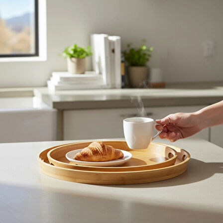 MyBru Yuvarlak Bambu Tepsi 2'li Set