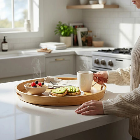 MyBru Yuvarlak Bambu Tepsi 2'li Set