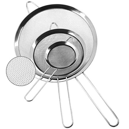 MyBru Paslanmaz Çelik Pratik 3'lü Çay Süzgeci Sebze, Makarna Un Süzgeç 10 14 18 Cm