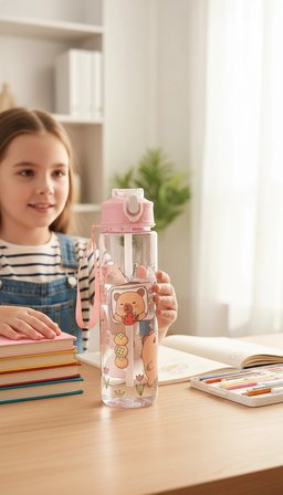 ByMyHand Pembe Hayvan FigürlüTaşıma Kulplu Kilit Kapaklı Pipetli Suluk Okul Matarası 1000 Ml