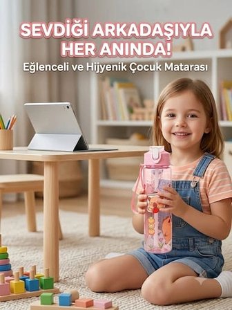 ByMyHand Pembe Hayvan FigürlüTaşıma Kulplu Kilit Kapaklı Pipetli Suluk Okul Matarası 1000 Ml