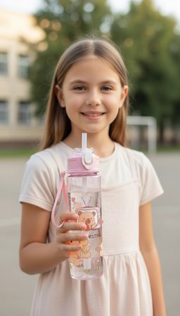 ByMyHand Pembe Hayvan FigürlüTaşıma Kulplu Kilit Kapaklı Pipetli Suluk Okul Matarası 1000 Ml