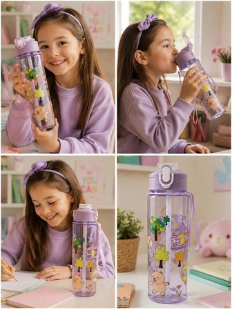 ByMyHand Mor Hayvan FigürlüTaşıma Kulplu Kilit Kapaklı Pipetli Suluk Okul Matarası 1000 Ml