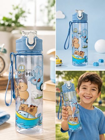 ByMyHand Lila Hayvan FigürlüTaşıma Kulplu Kilit Kapaklı Pipetli Suluk Okul Matarası 1000 Ml