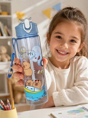 ByMyHand Lila Hayvan FigürlüTaşıma Kulplu Kilit Kapaklı Pipetli Suluk Okul Matarası 1000 Ml