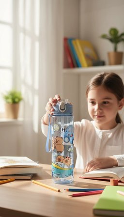 ByMyHand Lila Hayvan FigürlüTaşıma Kulplu Kilit Kapaklı Pipetli Suluk Okul Matarası 1000 Ml