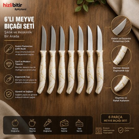 ByMyHand Beyaz Mermer Desenli Meyve Bıçağı 6'lı Set