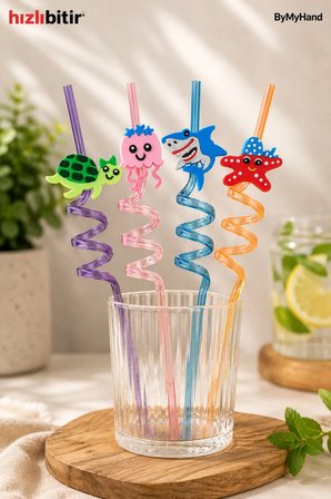 ByMyHand Plastik Kıvrımlı Renkli Karışık Figürlü 4'lü Pipet Set (Karışık Renk ve Model)