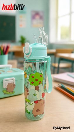 ByMyHand Yeşil Taşıma Kulplu Kilit Kapaklı Pipetli Suluk Okul Matarası 1000 Ml