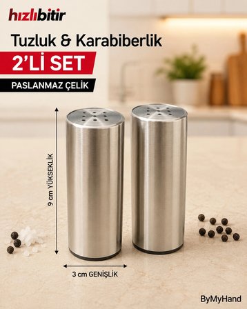 ByMyHand Çelik Ev Lokanta ve Restoran İçin Tuzluk ve Karabiberlik 2'li Set