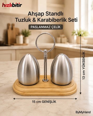 ByMyHand Çelik Ahşap Stantlı Ev Lokanta ve Restoran İçin Tuzluk ve Karabiberlik 2'li Set