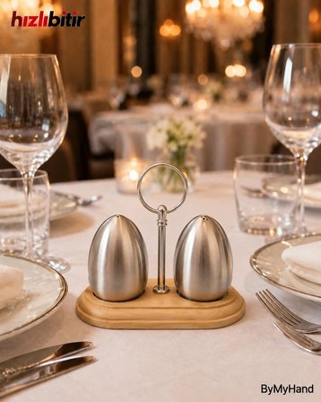 ByMyHand Çelik Ahşap Stantlı Ev Lokanta ve Restoran İçin Tuzluk ve Karabiberlik 2'li Set