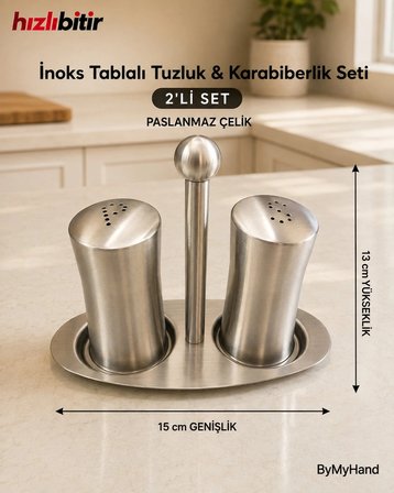 ByMyHand Paslanmaz Çelik Stantlı İnox Ev Lokanta ve Restoran İçin Tuzluk ve Karabiberlik 2'li Set