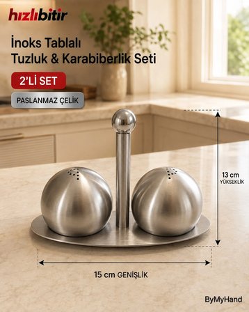 ByMyHand Paslanmaz Çelik Stantlı Yuvarlak İnox Ev Lokanta ve Restoran İçin Tuzluk ve Karabiberlik 2'li Set