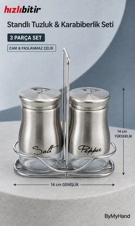 ByMyHand Paslanmaz Çelik Cam Stantlı İnox Ev Lokanta ve Restoran İçin Tuzluk ve Karabiberlik 2'li Set