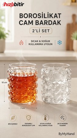 ByMyHand Cam Bombeli Kabarcıklı Su Bardağı 2'li Set 330 Ml
