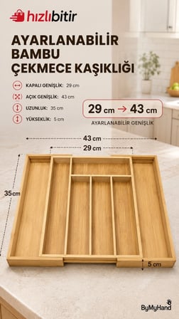 ByMyHand Bambu Ahşap Ayarlı Çekmece İçi Kaşıklık