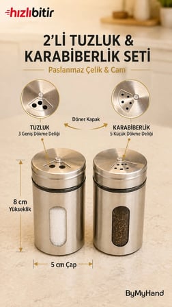 ByMyHand Çelik Cam Ev Lokanta ve Restoran İçin Tuzluk ve Karabiberlik 2'li Set
