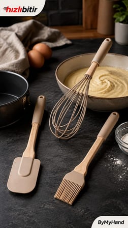 ByMyHand Ahşap Saplı Slikon Uçlu Mutfak ve Pasta Yapım Hazırlık 3'lü Set