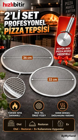 ByMyHand Metal Sanayi Tipi Profesyonel Pizza Tepsisi 2'li Set 32 36 Cm Pizza Kesici Hediyeli Büyük Boy