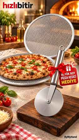 ByMyHand Metal Sanayi Tipi Profesyonel Pizza Tepsisi 2'li Set 32 36 Cm Pizza Kesici Hediyeli Büyük Boy