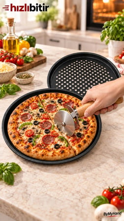 ByMyHand Teflon Kaplama Siyah Yanmaz Yapışmaz Pizza Tepsisi 2'li Set 28 32 Cm Pizza Kesici Hediyeli