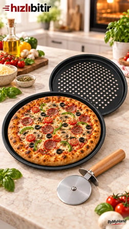 ByMyHand Teflon Kaplama Siyah Yanmaz Yapışmaz Pizza Tepsisi 2'li Set 28 32 Cm Pizza Kesici Hediyeli