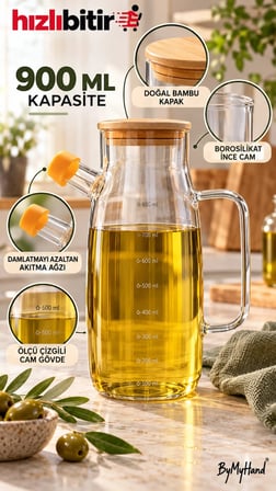 ByMyHand Ahşap Vakumlu  Kapaklı  Borosiklat Cam Yağdanlık Sirke Sos ve Yağlık 900 Ml