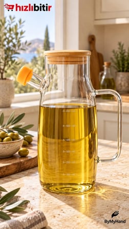 ByMyHand Ahşap Vakumlu  Kapaklı  Borosiklat Cam Yağdanlık Sirke Sos ve Yağlık 900 Ml
