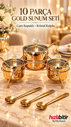 ByMyHand Gold Renk Paslanmaz Çelik  Cam Kapaklı Kristal Kulplu  10 Parça Sunum Seti Tuzluk & Karabiberlik