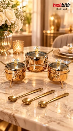 ByMyHand Gold Renk Paslanmaz Çelik  Cam Kapaklı Kristal Kulplu  10 Parça Sunum Seti Tuzluk & Karabiberlik