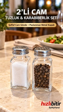 ByMyHand Çelik Kapaklı Cam Ev Lokanta ve Restoran İçin Tuzluk ve Karabiberlik 2'li Set