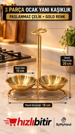 ByMyHand Paslanmaz Çelik Gold 3 Parça Ocak Yanı Kaşıklık Kepçelik