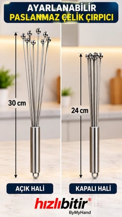 ByMyHand Paslanmaz Çelik Açılıp Kapanabilir Top Çırpıcı Küre Uçlu Yumurta Krema Çırpıcı Açık Hali 30 Cm