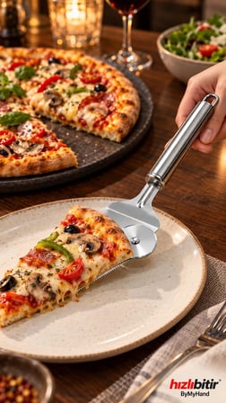 ByMyHand Paslanmaz Çelik Pizza Kesicili Servis Spatulası