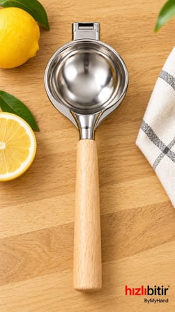 ByMyHand Paslanmaz Çelik Kaplama Ahşap Saplı Limon Sıkacağı Narenciye sıkacağı(Büyük Boy)