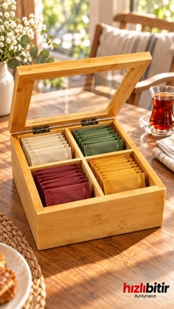 ByMyHand Bambu 4 Bölmeli Çay Kutusu Dekoratif Kutu Çok Amaçlı Kutu