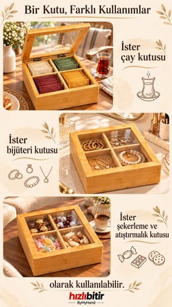 ByMyHand Bambu 4 Bölmeli Çay Kutusu Dekoratif Kutu Çok Amaçlı Kutu