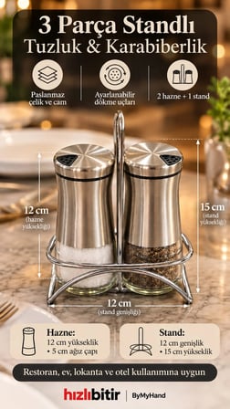 ByMyHand Paslanmaz Çelik Cam 3 Parça İnox Ev Lokanta ve Restoran İçin Tuzluk ve Karabiberlik 2'li Set