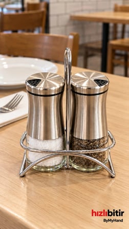 ByMyHand Paslanmaz Çelik Cam 3 Parça İnox Ev Lokanta ve Restoran İçin Tuzluk ve Karabiberlik 2'li Set