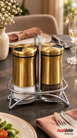 ByMyHand Paslanmaz Çelik Cam 3 Parça Gold Ev Lokanta ve Restoran İçin Tuzluk ve Karabiberlik 2'li Set
