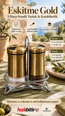 ByMyHand Paslanmaz Çelik Cam 3 Parça Gold Ev Lokanta ve Restoran İçin Tuzluk ve Karabiberlik 2'li Set