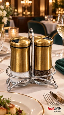 ByMyHand Paslanmaz Çelik Cam 3 Parça Gold Ev Lokanta ve Restoran İçin Tuzluk ve Karabiberlik 2'li Set