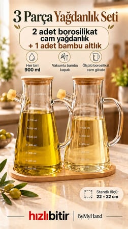 ByMyHand Ahşap Vakumlu Kapaklı Ahşap Stantlı Borosiklat Cam Yağdanlık Sirke Sos ve Yağlık 900 Ml 3'lü Set