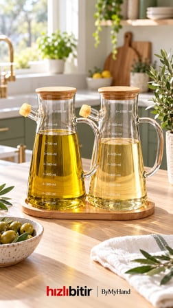ByMyHand Ahşap Vakumlu Kapaklı Ahşap Stantlı Borosiklat Cam Yağdanlık Sirke Sos ve Yağlık 900 Ml 3'lü Set