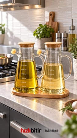 ByMyHand Ahşap Vakumlu Kapaklı Ahşap Stantlı Borosiklat Cam Yağdanlık Sirke Sos ve Yağlık 900 Ml 3'lü Set