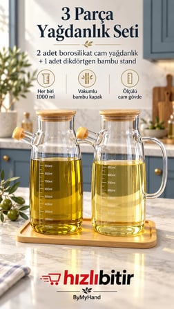 ByMyHand Ahşap Vakumlu Kapaklı Ahşap Stantlı Borosiklat Cam Yağdanlık Sirke Sos ve Yağlık 1000 Ml 3'lü Set